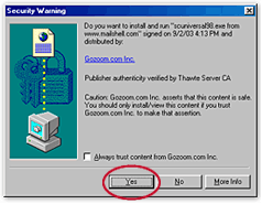 Please click "Yes" if you receive the Security Warning dialog from Gozoom.com, Inc. This will 
ensure that you will install Mailshell Anti-Spam to your local computer